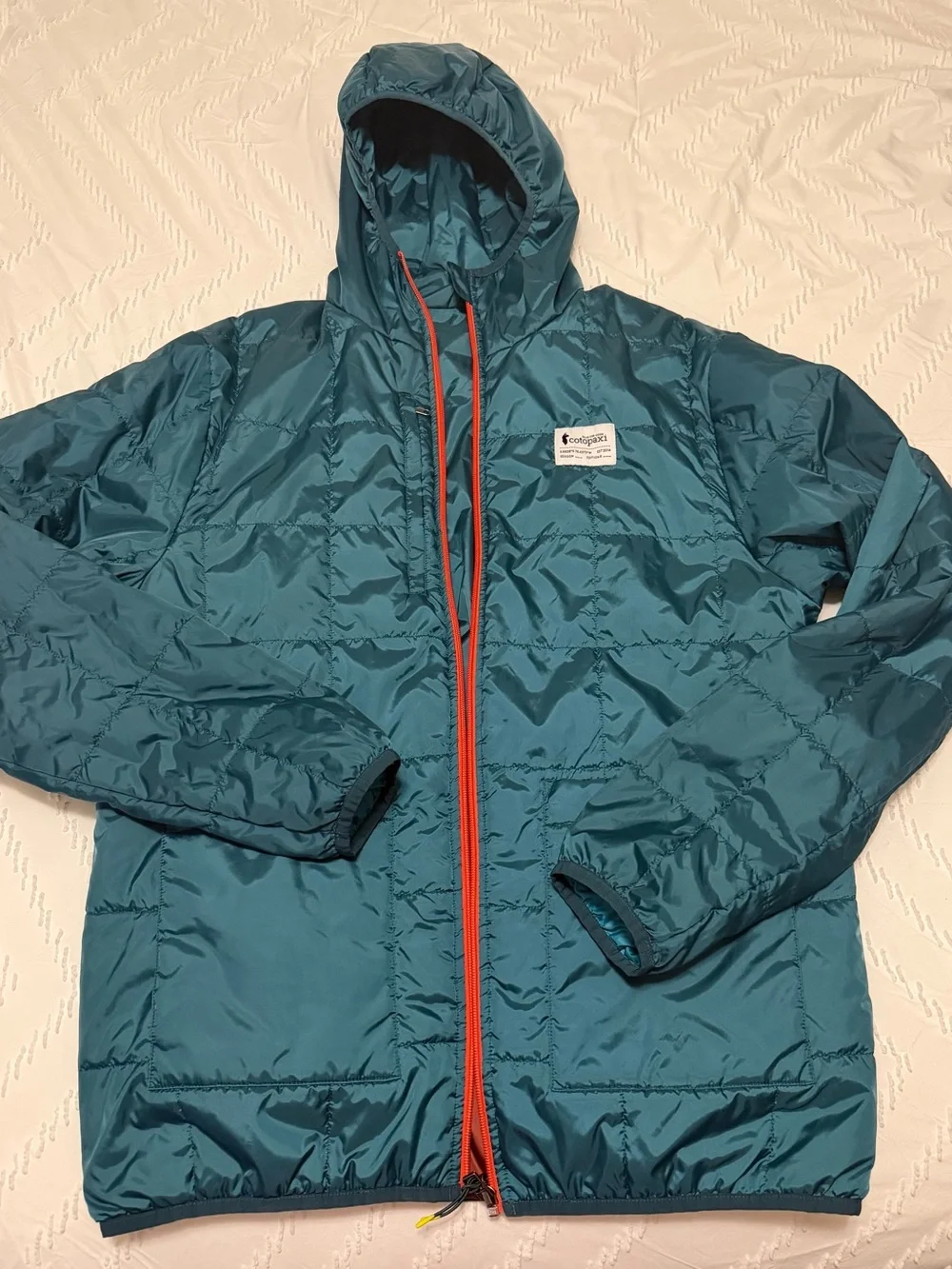 cotopaxi Teal, Light Blue, Green & Rust Colorblock Hooded Windbreaker